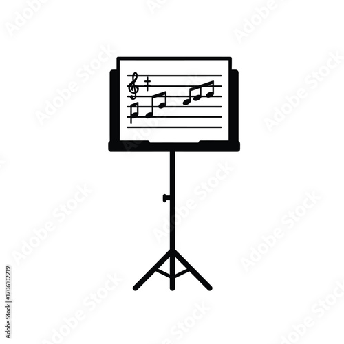 Music stand with open sheet music showing treble clef and notes on a white background. EPS 10.