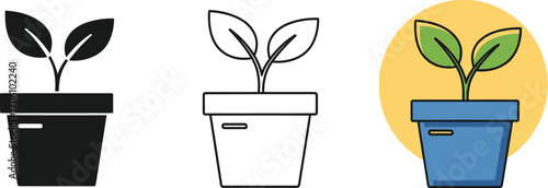 Potted Plant Trio Icons, Black Silhouette, Outline, Color with Yellow Circle, Isolated