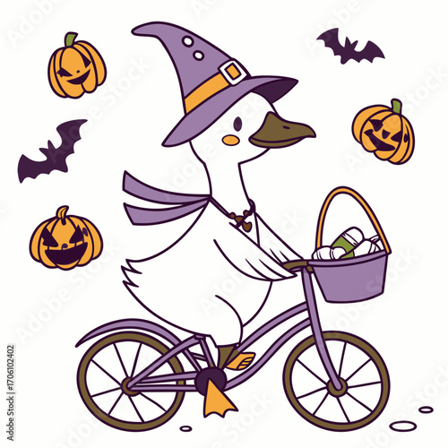 Whimsical Goose feeling Bashful in a Halloween setting with riding a bicycle – colored in Spooky Fun