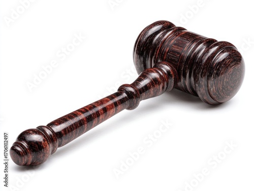 A dark, intricately patterned wooden gavel resting diagonally on a white surface, casting a soft shadow. Smooth, crafted and detailed texture visible