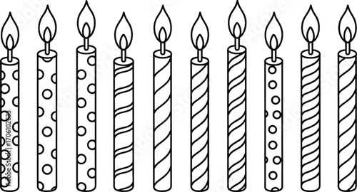 Eight cartoon birthday candles with flames standing in a row festive celebration elements