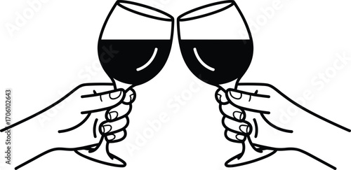 Two hands clinking wine glasses black and white simple line drawing celebration