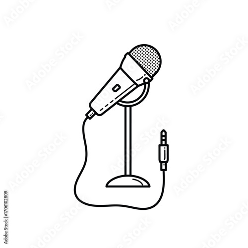 Microphone on stand with audio cable and jack for recording and podcasting on a white background. EPS 10.