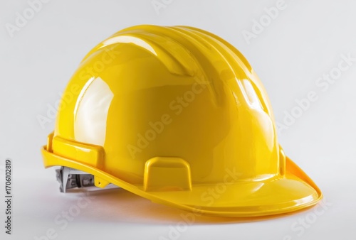 A bright yellow hard hat sits against a white background, its shiny surface reflecting light. The helmet's shape is smooth and curved, showcasing its design