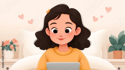 Young girl smiling while using laptop at home in cozy bedroom  