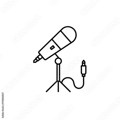 Microphone on stand with audio cable and jack for recording and podcasting on a white background. EPS 10.