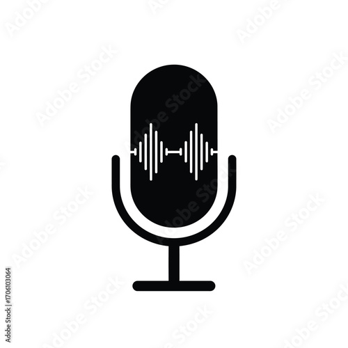 Classic microphone with sound wave pattern symbolizing voice input and podcasting on a white background. EPS 10.