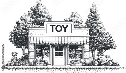A charming illustration of a toy store surrounded by trees and playful elements.