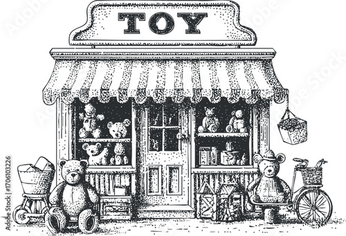 Vintage toy store illustration showcasing an array of plush toys and charming decor.