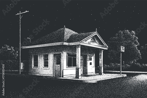 A vintage architectural illustration of a building at night with detailed surroundings and atmosphere.