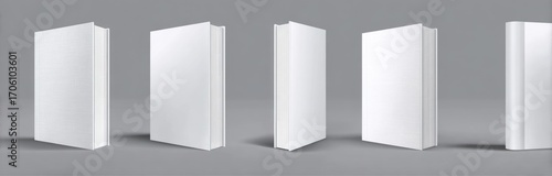 A group of white blank books lined up against a gray background in various perspectives, some with the spine showing