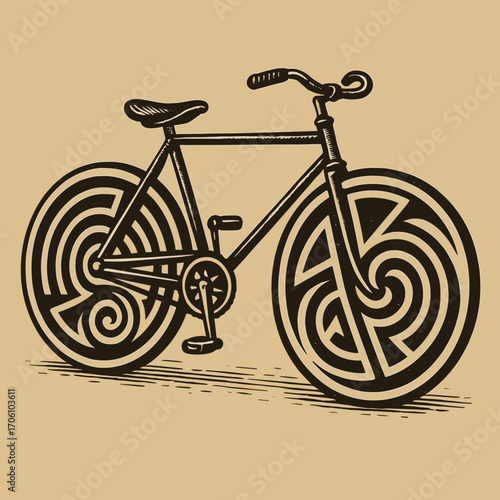 Stylized bicycle illustration with spiral-patterned wheels on a textured background