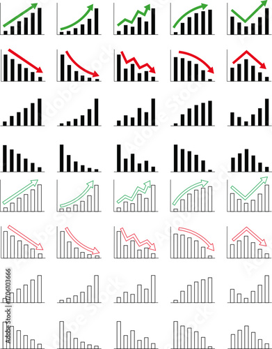 a business graph with arrow design silhouette vector illustration Green up and red down arrow graph. Rising and descending trend concept. Business result and investment profit or loss symbol.