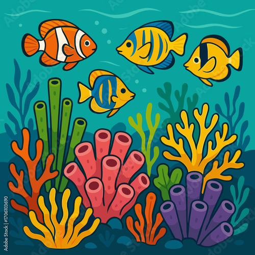 Colorful fish swimming among coral reefs in a vibrant underwater scene