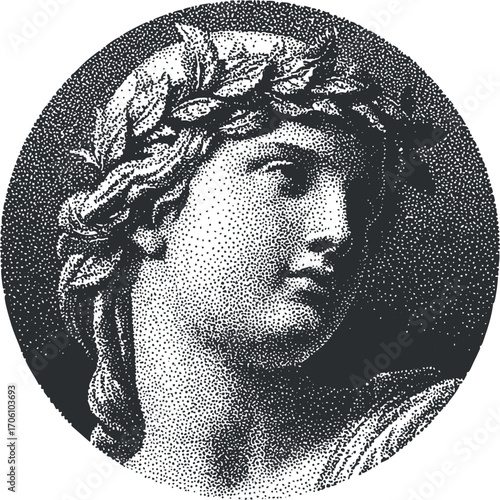 A vintage illustration of a classical female figure adorned with a laurel crown in profile.