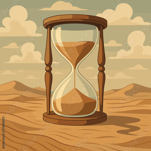 Stylized hourglass in a desert landscape with sandy dunes and clouds