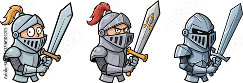 Cartoon medieval knights with swords, armored warriors, fantasy knights, steel armor characters, battle-ready knights, helmet plume, medieval combat illustration.
