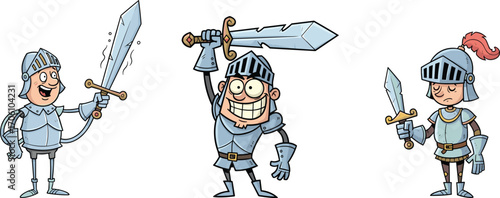 Cartoon knights with swords, medieval armor characters, funny knight illustrations, warrior knights, battle swords, helmet plume, armor gloves, medieval fantasy.