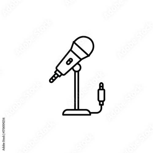 Microphone on stand with audio cable and jack for recording and podcasting on a white background. EPS 10.