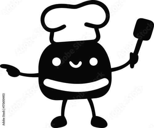 Cartoon Chef Character with Spatula and Pointing Finger on White Background cooking food