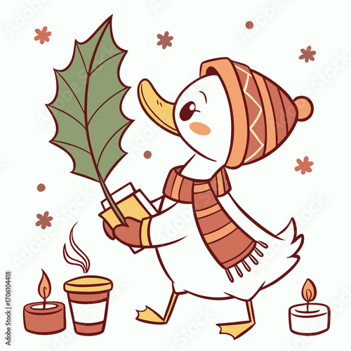 A Bashful Goose with with a giant leaf in a Christmas theme – Warm Cozy palette SVG illustration