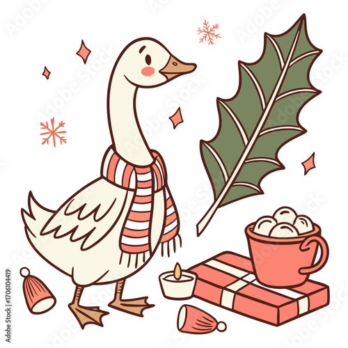 A Bashful Goose with with a giant leaf in a Christmas theme – Warm Cozy palette SVG illustration