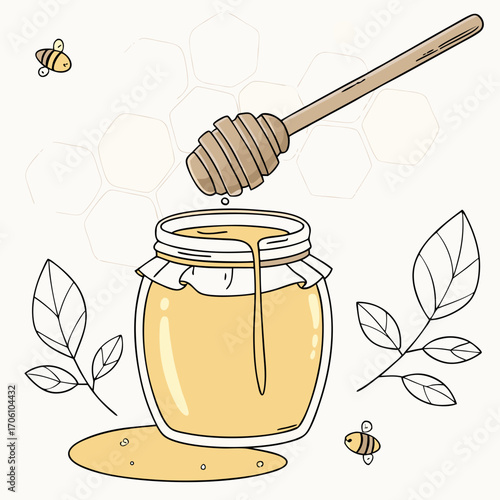 A charming illustration of a glass jar filled with golden honey and a wooden dipper dripping sweet nectar surrounded by bees and leaves