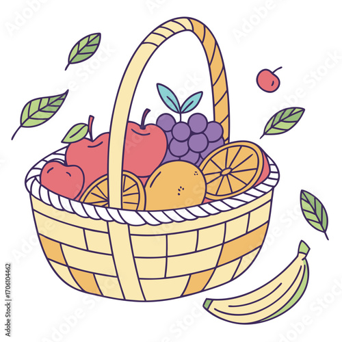 A charming illustration of a woven basket overflowing with a vibrant assortment of fresh fruits and green leaves