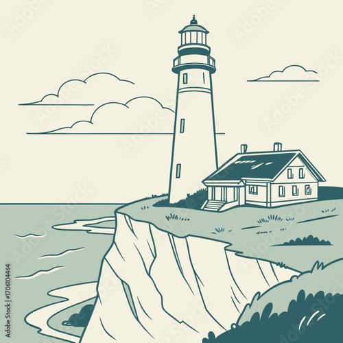 A classic lighthouse stands tall on a cliff overlooking the ocean next to a keeper s house