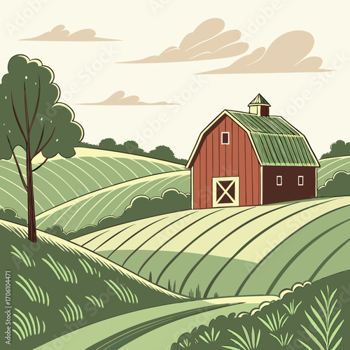 A charming red barn sits on rolling green hills under a cloudy sky with a lone tree