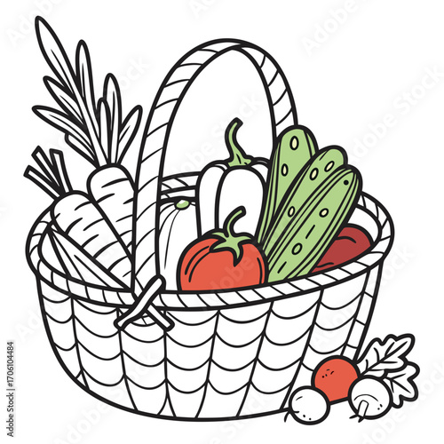 A charming hand drawn illustration of a wicker basket overflowing with fresh colorful vegetables and garden produce