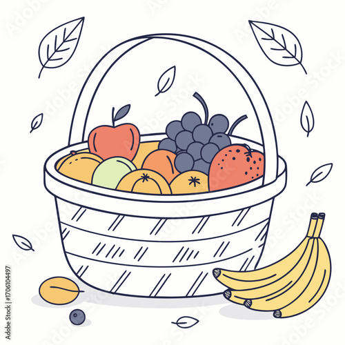 A charming illustration of a woven fruit basket overflowing with colorful apples oranges grapes and bananas surrounded by scattered leaves