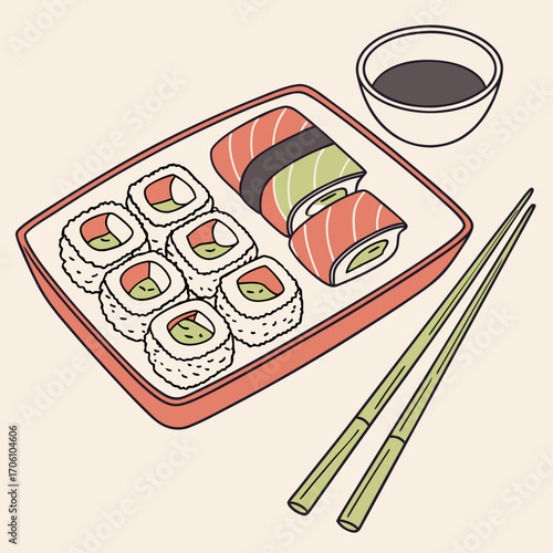 A delightful illustration of a sushi platter with salmon and avocado rolls served with soy sauce and chopsticks