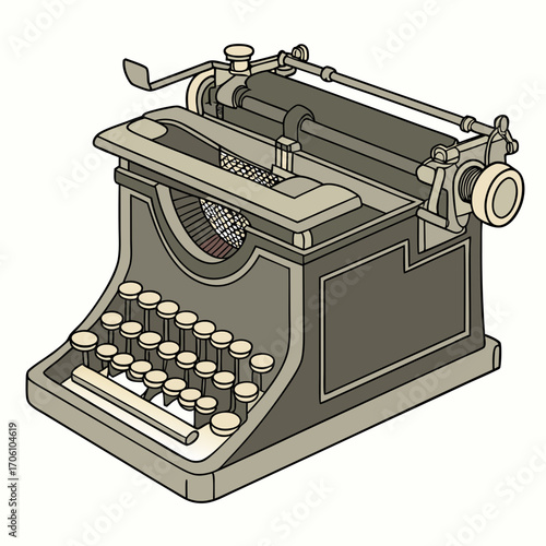 A detailed illustration of a vintage portable typewriter with beige keys and a gray metal body on a white background