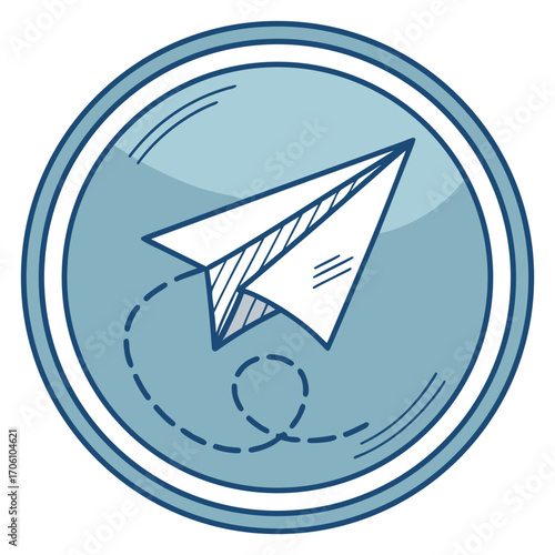 A hand drawn paper airplane icon in a blue circle with a dashed line indicating its flight path