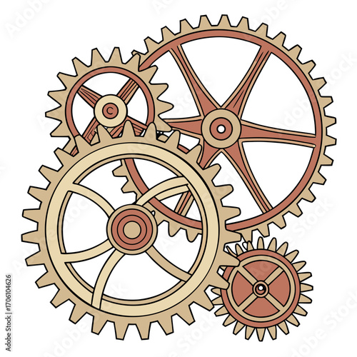 A group of interlocking mechanical gears in warm tones of beige and red on a white background