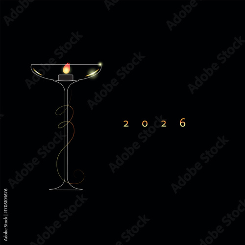 A Little Candle in the transparent Glass with Serpentine wrapped around the stem and numbers 2026 Luxury style Black Baclground
