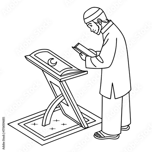 A muslim man wearing a traditional cap and robe reads from a holy book on a stand placed on a prayer mat