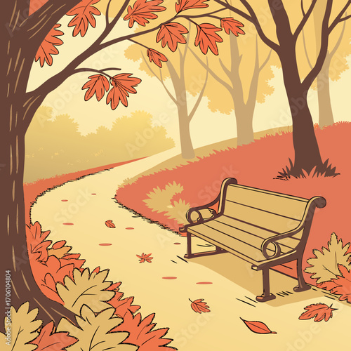 A serene park path winds through autumn trees with fallen leaves and a wooden bench inviting rest