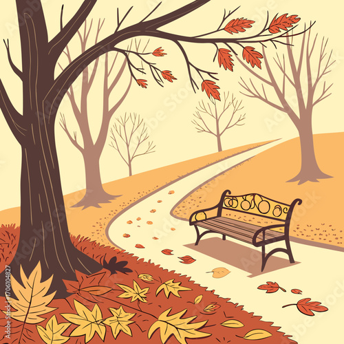 A serene park scene with a winding path and empty bench surrounded by colorful fallen autumn leaves and bare trees