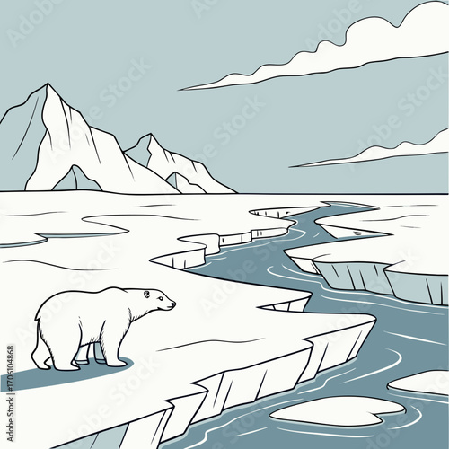 A solitary polar bear walks across a vast icy landscape with mountains and a winding river under a cloudy sky