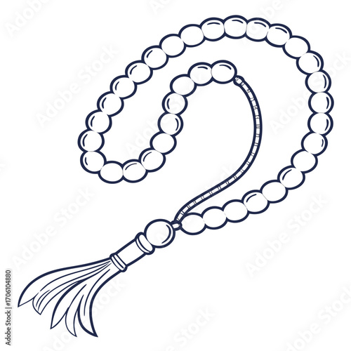 A simple line art illustration of a string of prayer beads with a tassel on a white background