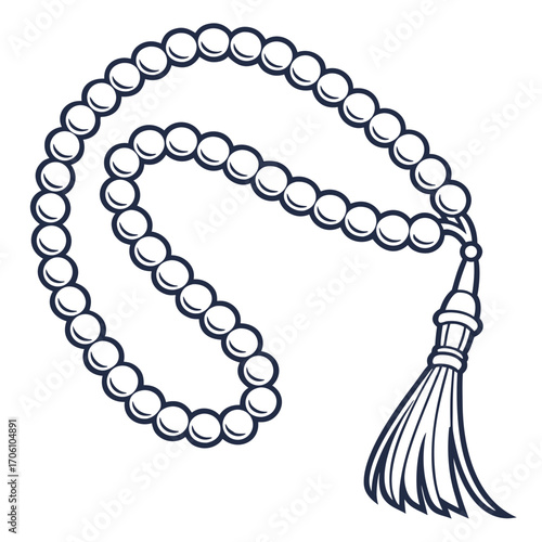 A simple line art illustration of islamic prayer beads or tasbih with a tassel on a white background