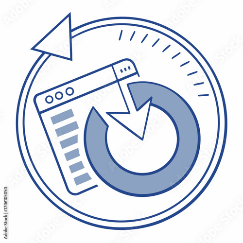 Circular arrow icon representing website refresh or reload process with a browser window inside a clock face