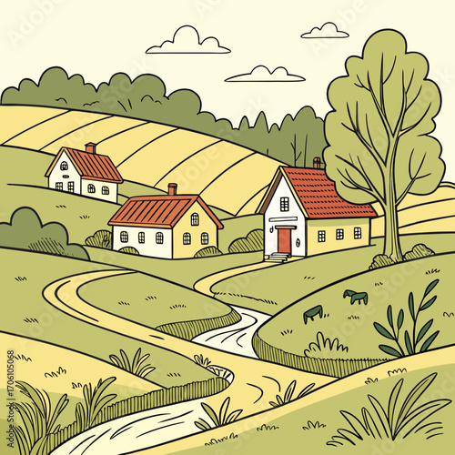 Charming hand drawn illustration of a peaceful rural landscape with rolling hills a winding stream and quaint houses nestled among trees and fields