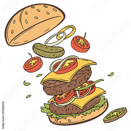 Deconstructed cheeseburger ingredients floating in air with a bun top and bottom layers separated