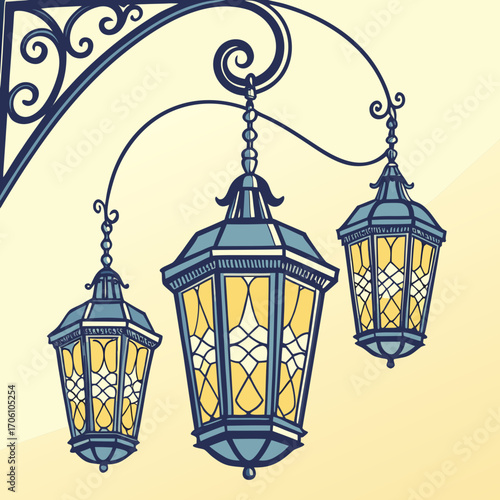Decorative vintage street lamps hanging from ornate wrought iron bracket with yellow illuminated glass panels