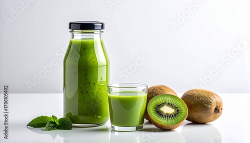 Fresh kiwi smoothie in glass bottle and cup with whole and sliced kiwifruit isolated on white background