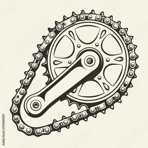 Detailed black and white illustration of a bicycle crankset with a chain wrapped around the chainring and crank arm