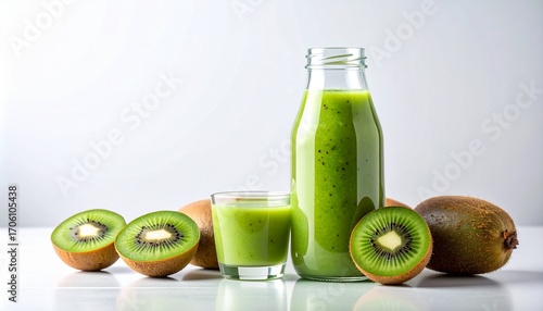 Kiwi drink branding mockup with smoothie bottle glass and fresh kiwifruit isolated on white background
